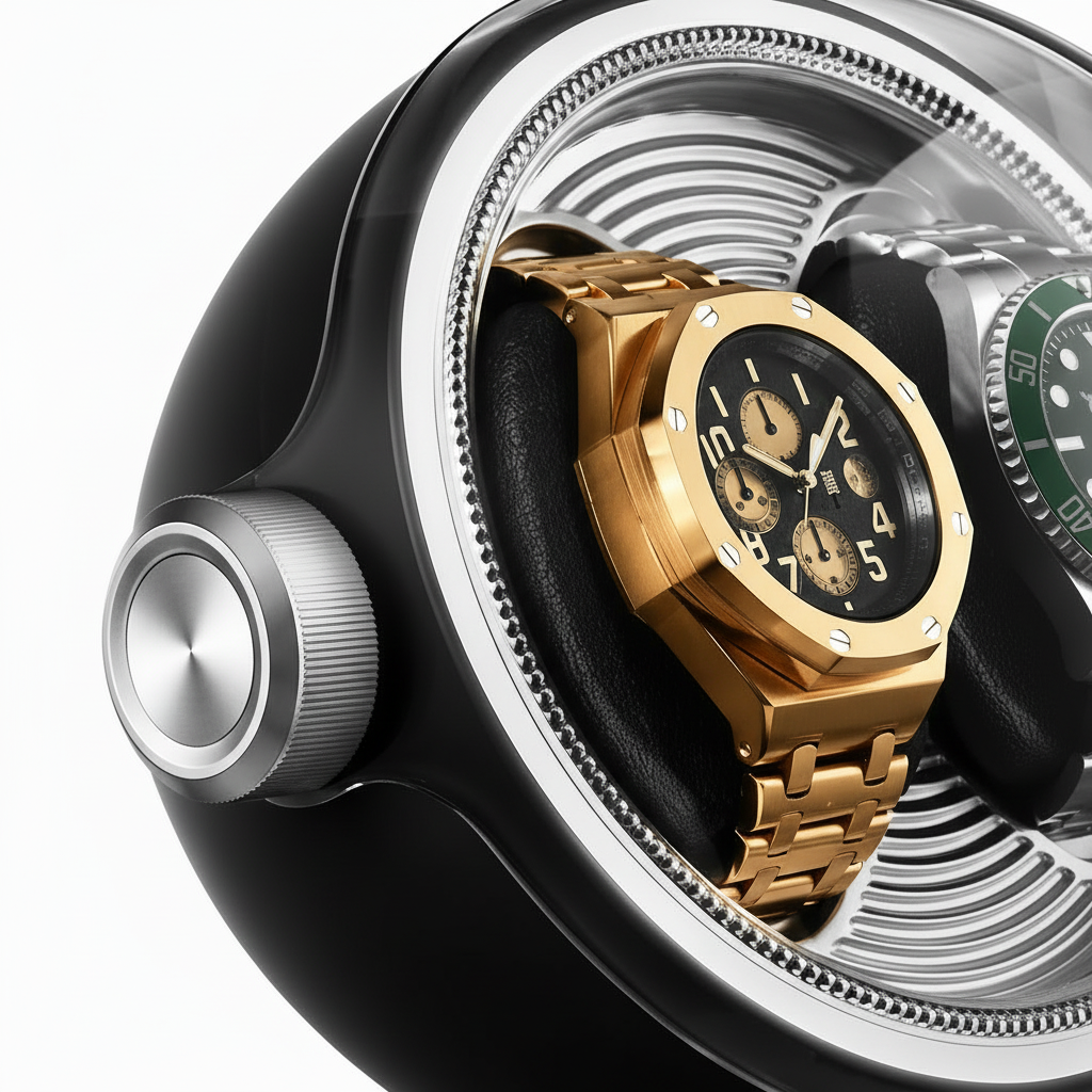Gros plan sur les montres automatiques dans le remontoir Écrin Silencieux AXONY