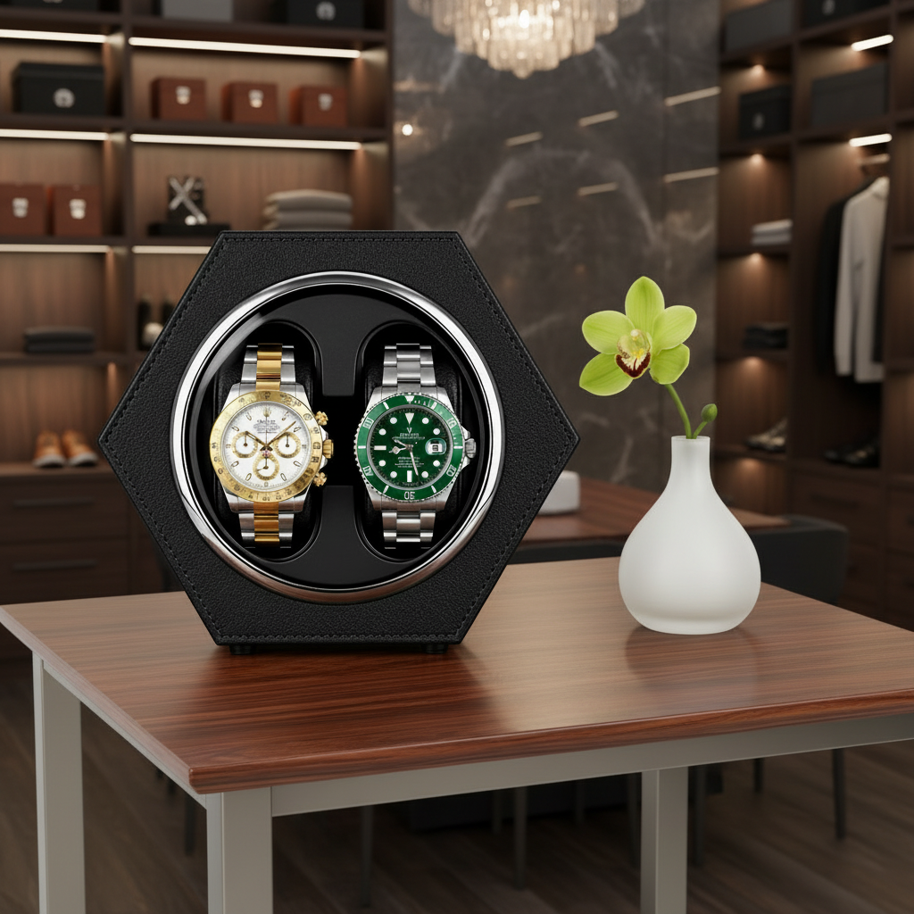 Remontoir automatique 2 montres Noir Bois AXONY en mise en situation sur une table avec une orchidée