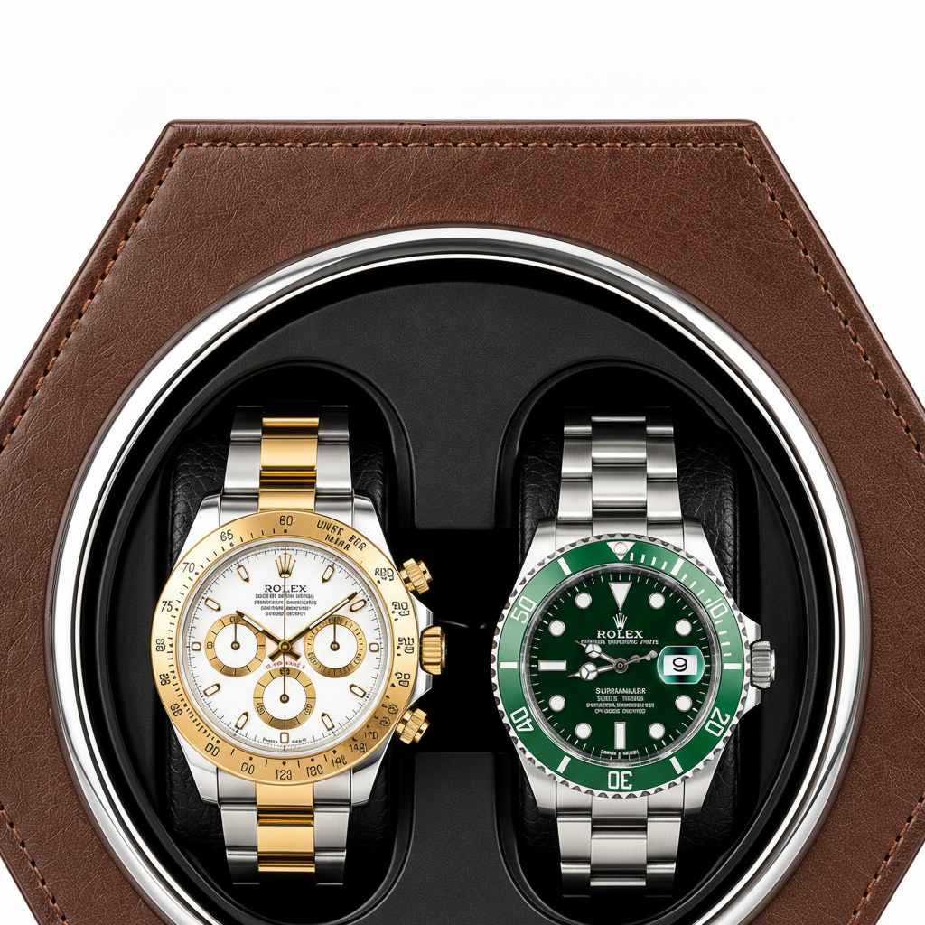 Gros plan sur les deux montres automatiques dans le remontoir Marron Bois AXONY