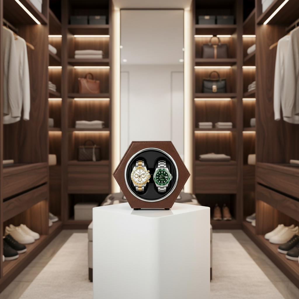 Remontoir automatique 2 montres Marron Bois AXONY en mise en situation sur un socle dans un dressing chic