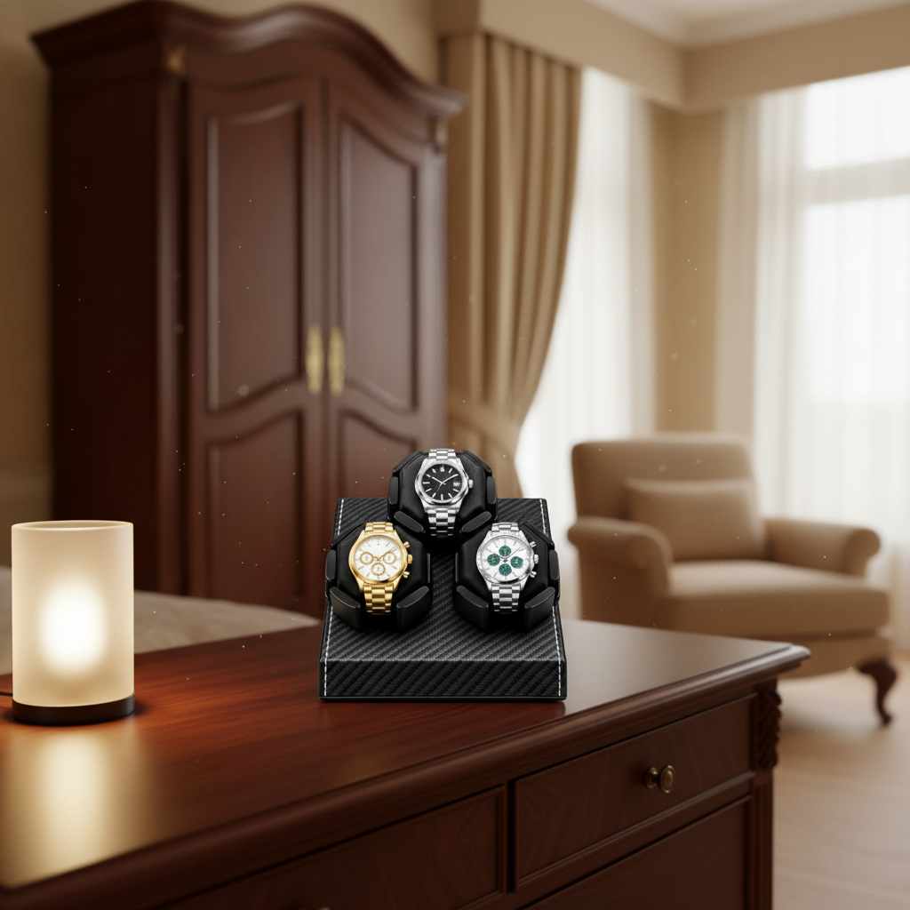 Remontoir automatique de montre compact noir AXONY en mise en situation sur un meuble