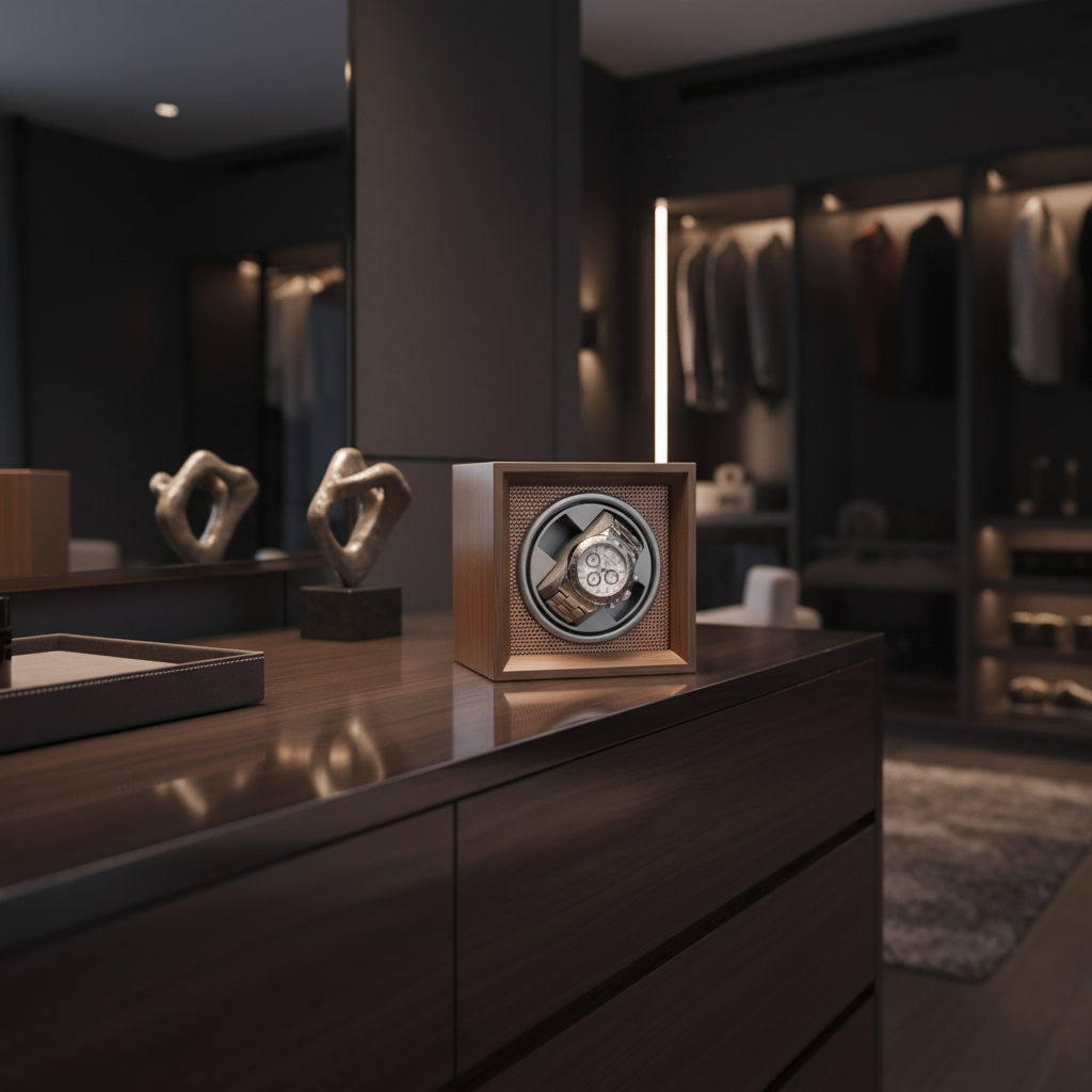 Remontoir automatique 1 montre bois luxe AXONY en mise en situation sur un meuble