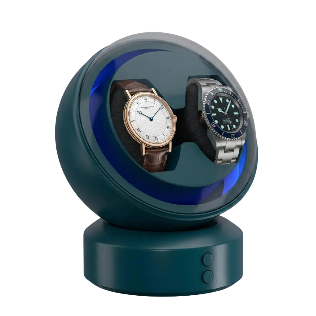 Boîte remontoir 2 montres bleu canard AXONY - Vue de trois-quarts