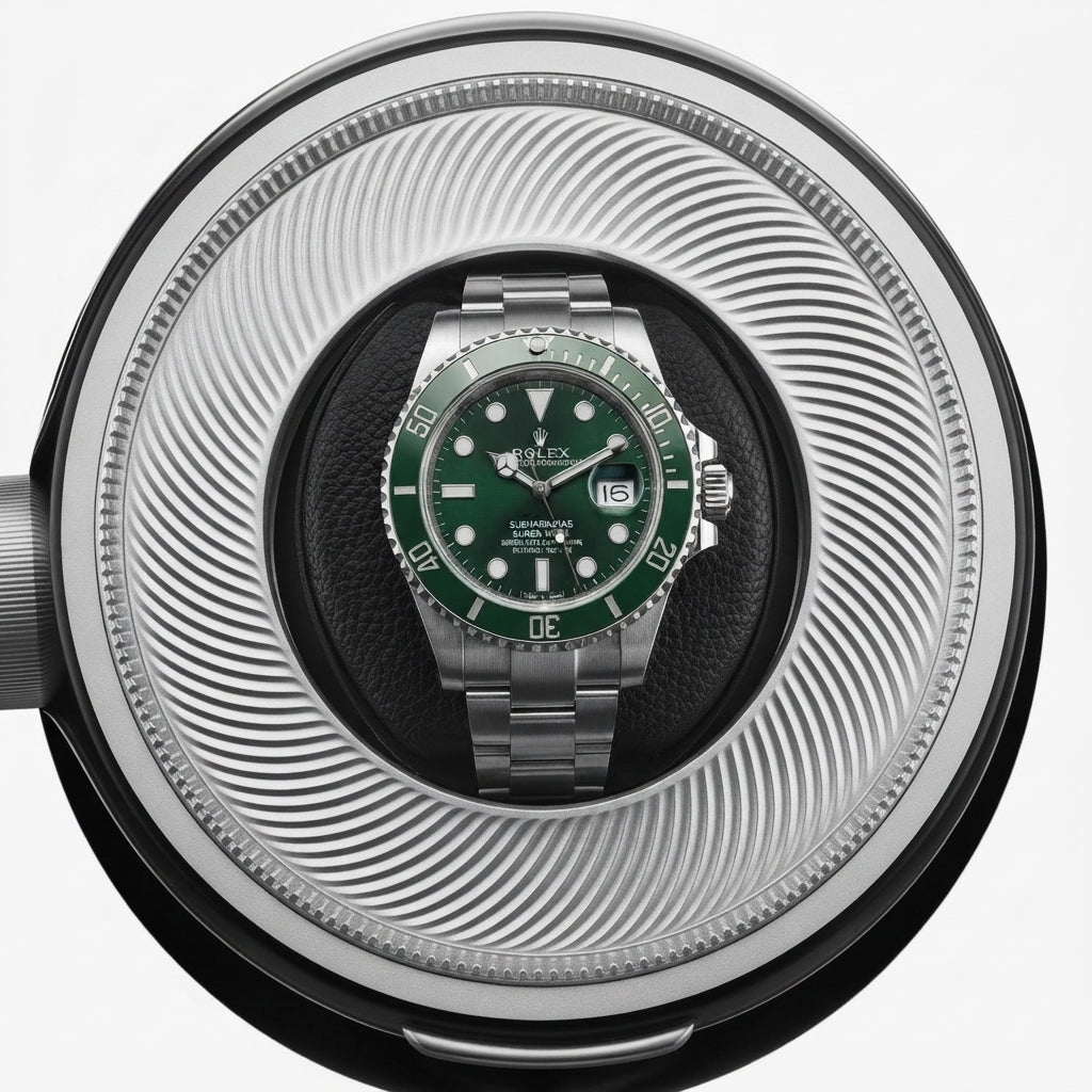 Gros plan sur la montre automatique dans le remontoir Écrin Silencieux noir AXONY