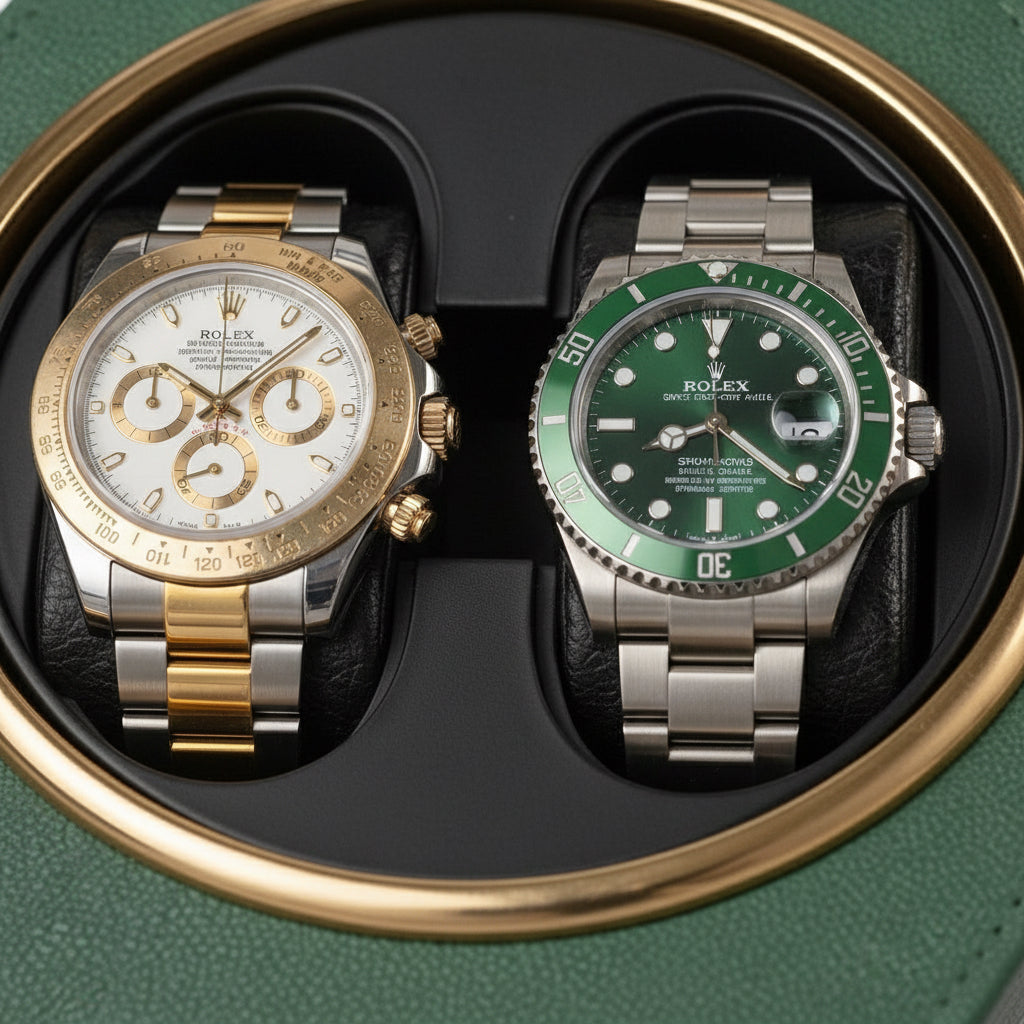 Gros plan sur les deux montres automatiques dans le remontoir Vert Bois AXONY