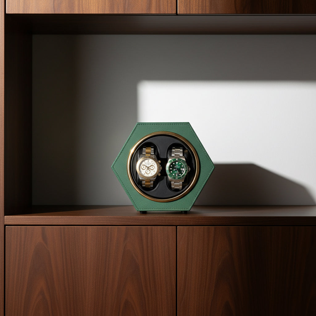 Remontoir automatique 2 montres Vert Bois AXONY en mise en situation sur un meuble en bois