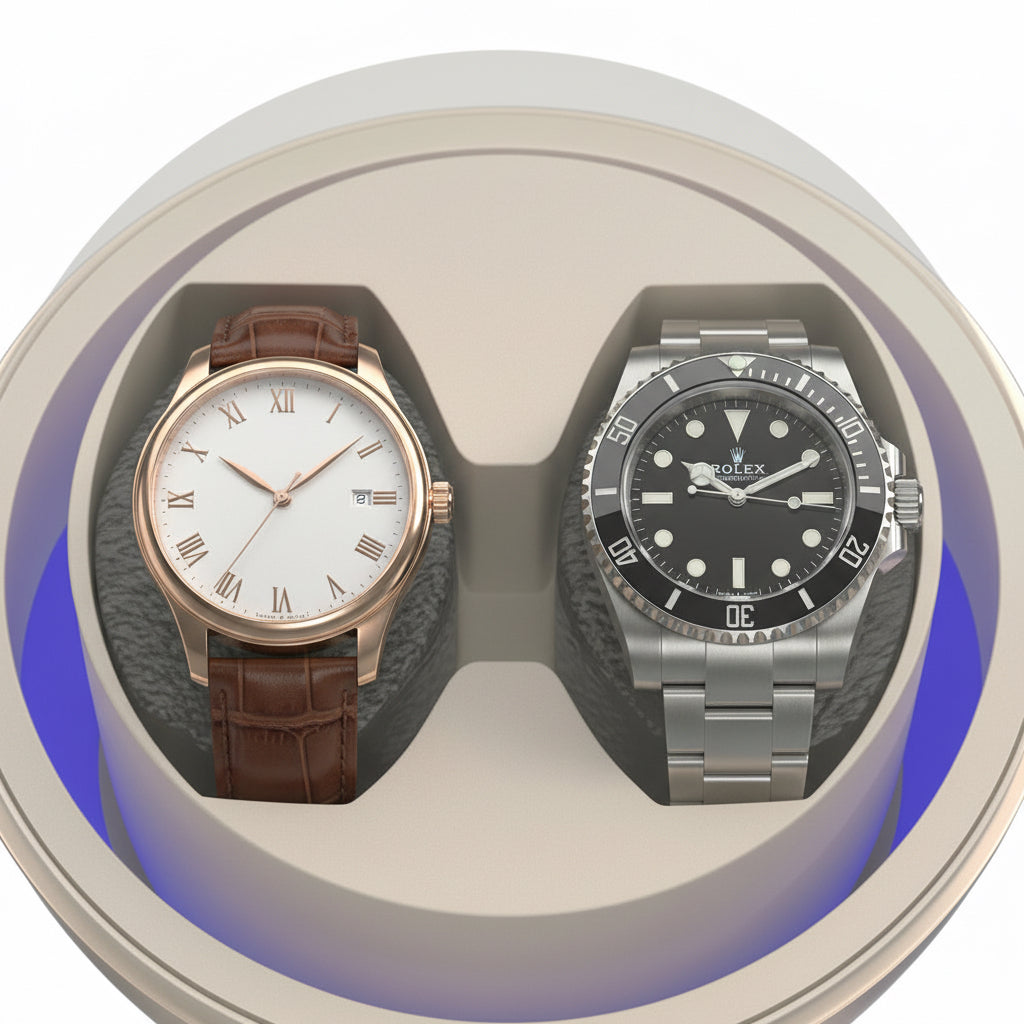 Remontoir rotatif AXONY blanc avec deux montres automatiques