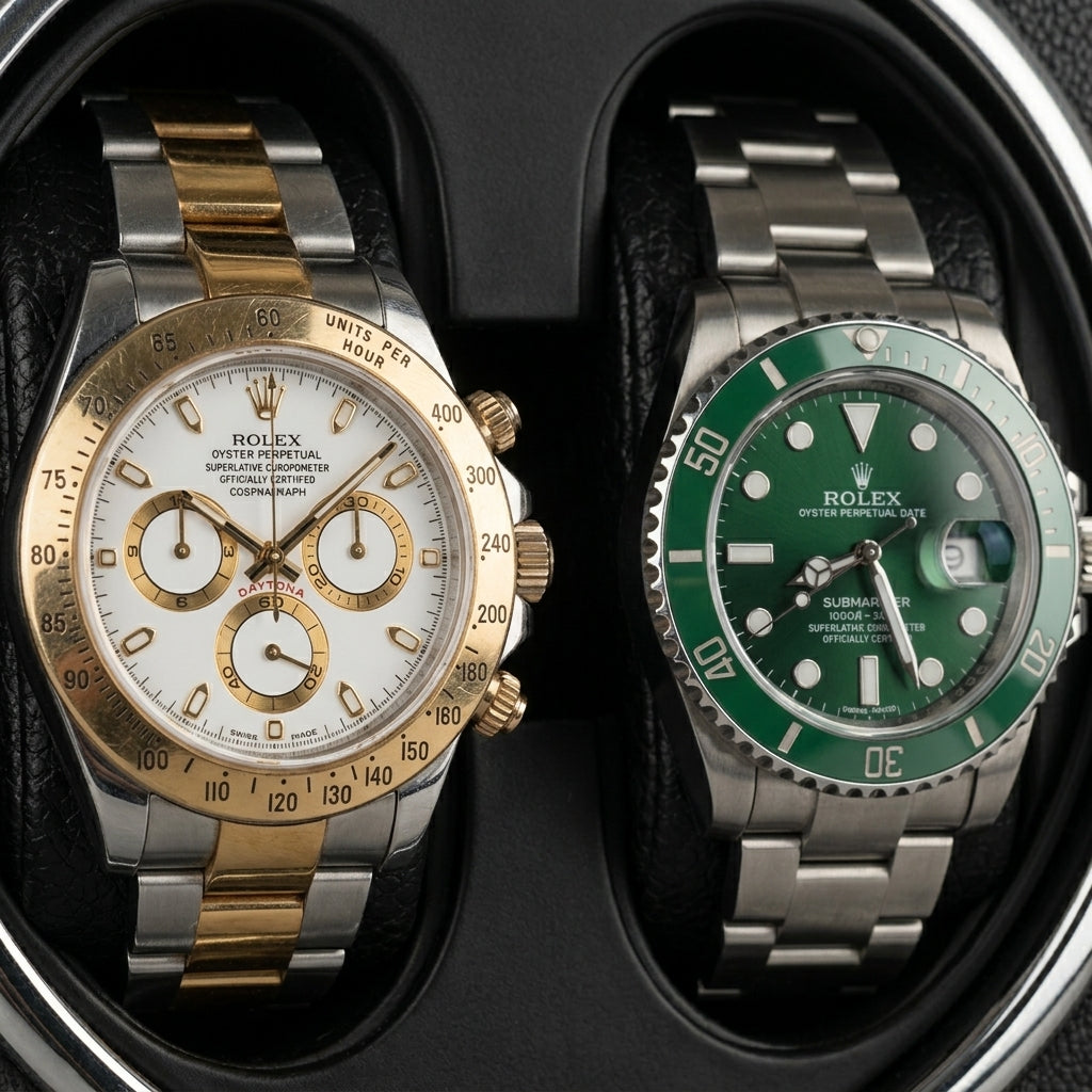 Gros plan sur les deux montres automatiques dans le remontoir Noir Bois AXONY