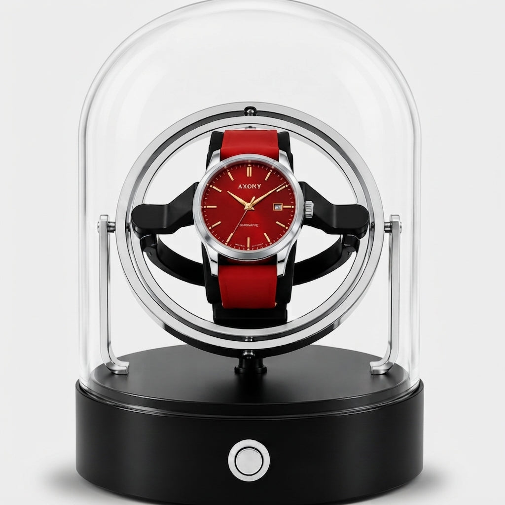 Remontoir Automatique 1 Montre Compact Silencieux Argent AXONY - Vue de face sous cloche en verre