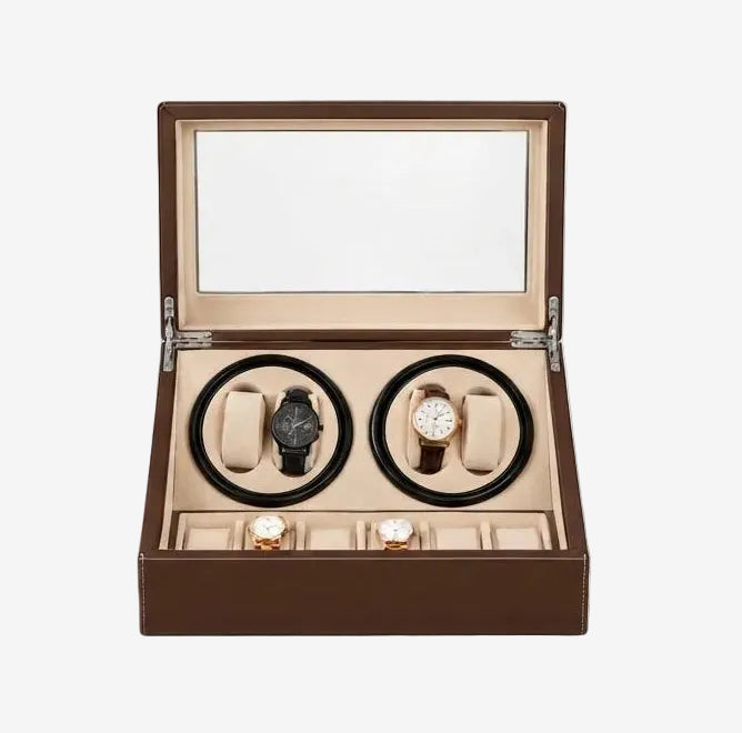 Remontoir Automatique Marron 4 + 6 Montres - Grande Vitrine AXONY - Vue de face ouvert