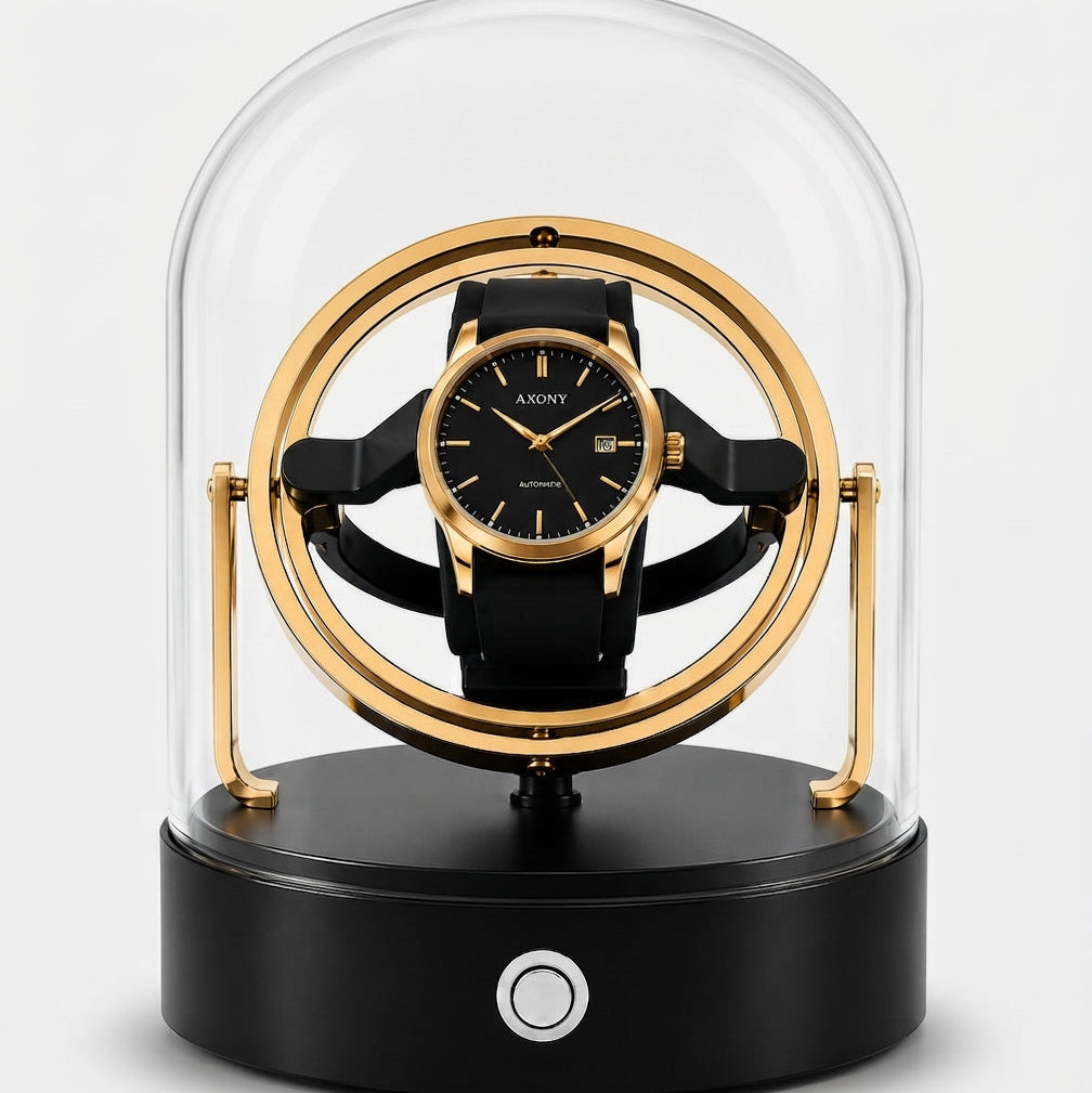 Remontoir Automatique 1 Montre Compact Silencieux Or AXONY - Vue de face sous cloche en verre