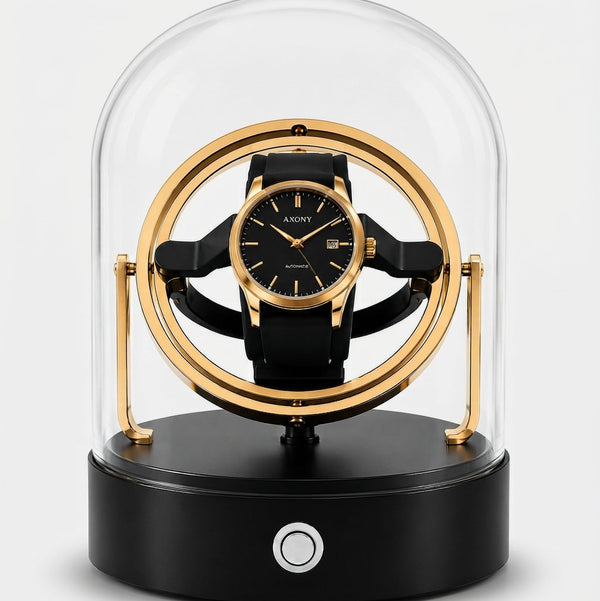 Remontoir Automatique 1 Montre Compact Silencieux Or AXONY - Vue de face sous cloche en verre