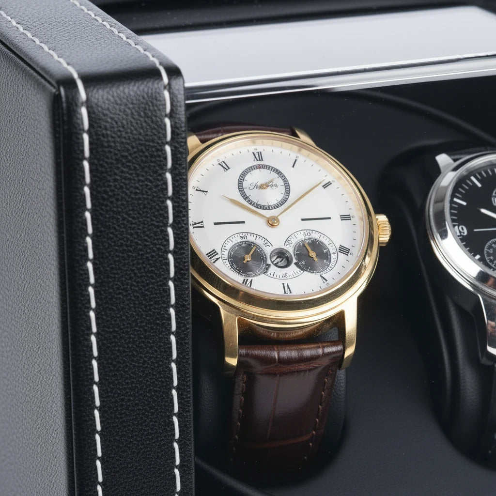 Gros plan sur les montres automatiques installées dans le remontoir AXONY