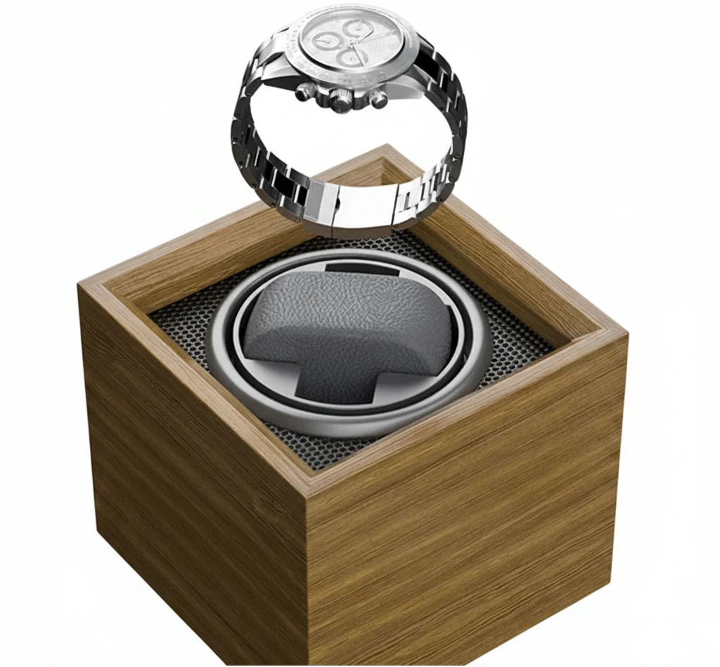 Gros plan sur le coussinet et la tête rotative du remontoir 1 montre bois luxe AXONY