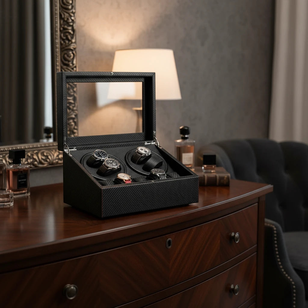 Remontoir automatique de montre noir AXONY en mise en situation sur un meuble de dressing