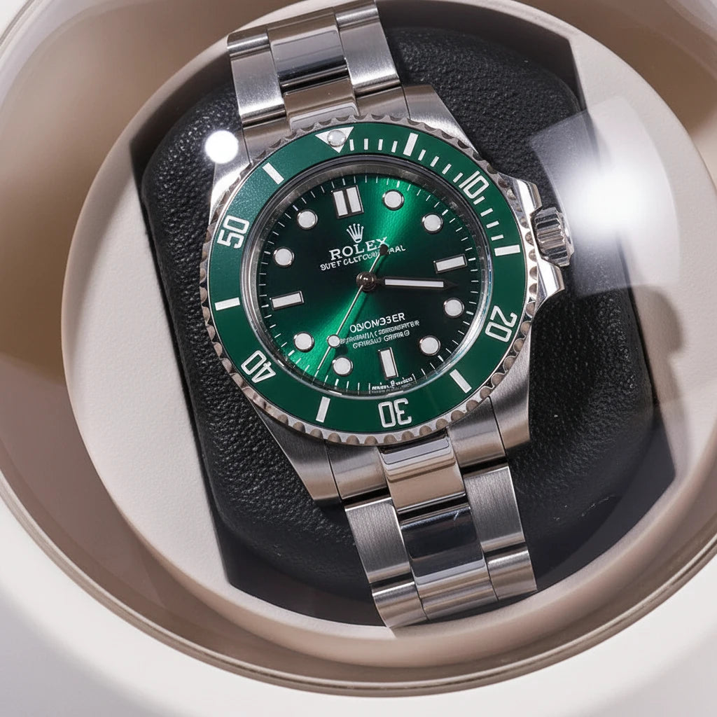 Gros plan sur la montre automatique dans le remontoir Solo Prestige blanc AXONY