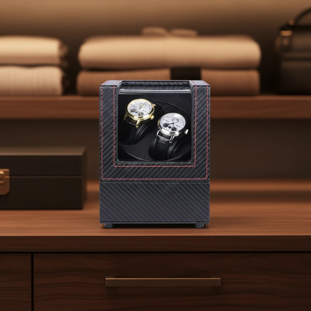 Remontoir automatique 2 montres AXONY en mise en situation sur un meuble