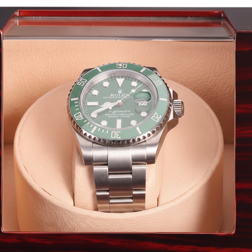 Gros plan sur la montre verte dans le remontoir Acajou foncé Silencieux Prestige AXONY