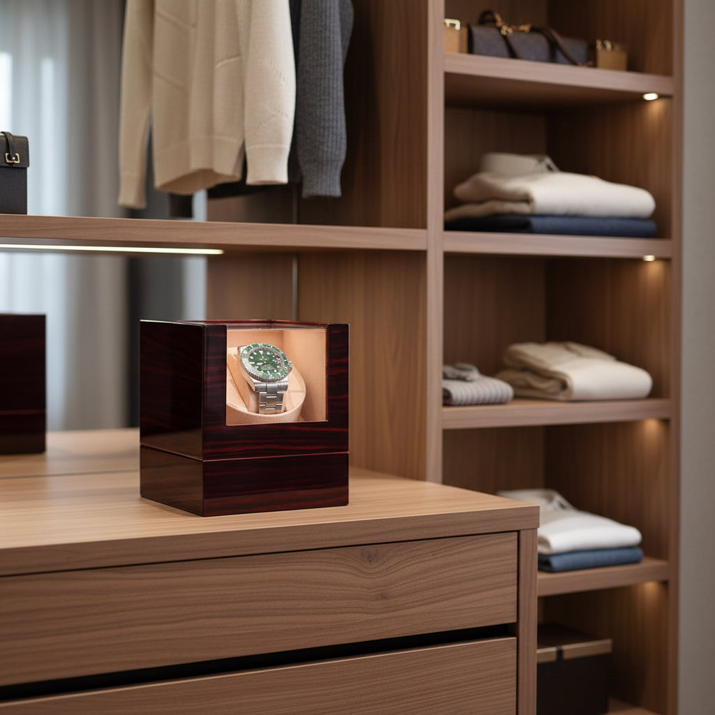 Remontoir automatique 1 montre Acajou foncé Silencieux Prestige AXONY en mise en situation sur un meuble dans un dressing