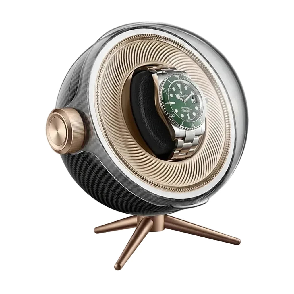 Remontoir de montre automatique Écrin Silencieux carbone AXONY - Vue de trois-quarts