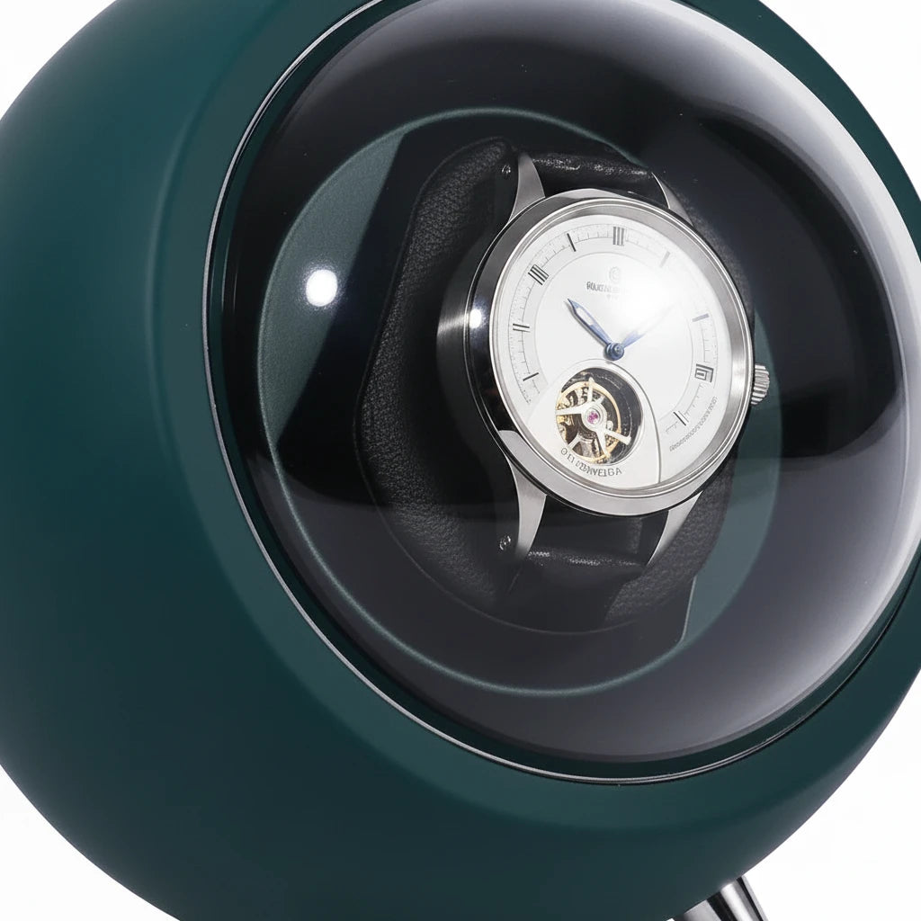 Gros plan sur la montre dans le remontoir Solo Prestige vert AXONY