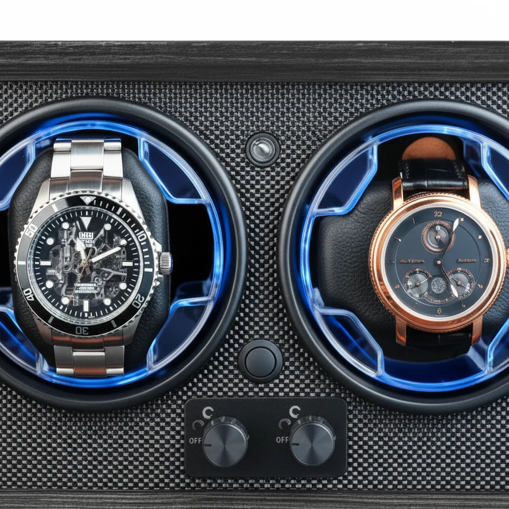 Gros plan sur les rotatives et l'éclairage bleu du remontoir 2 montres AXONY