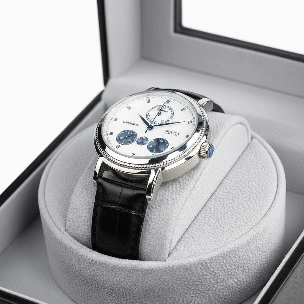 Gros plan sur la montre automatique dans le remontoir Cuir Luxe Noir AXONY