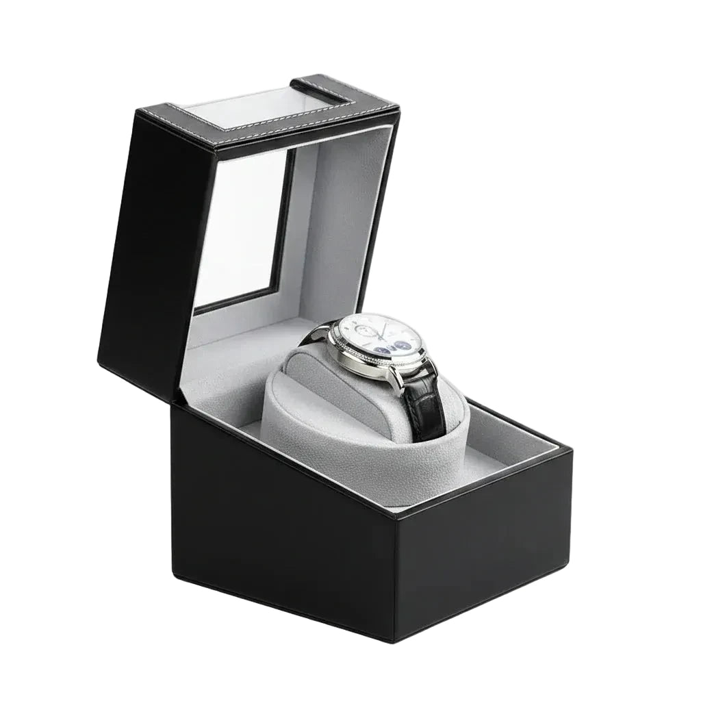 Remontoir de montre automatique Cuir Luxe Noir AXONY - Vue de gauche