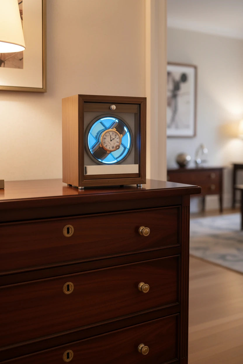 Remontoir automatique 1 montre Bois Luxe Prestige Gris AXONY en mise en situation sur un meuble dans un salon