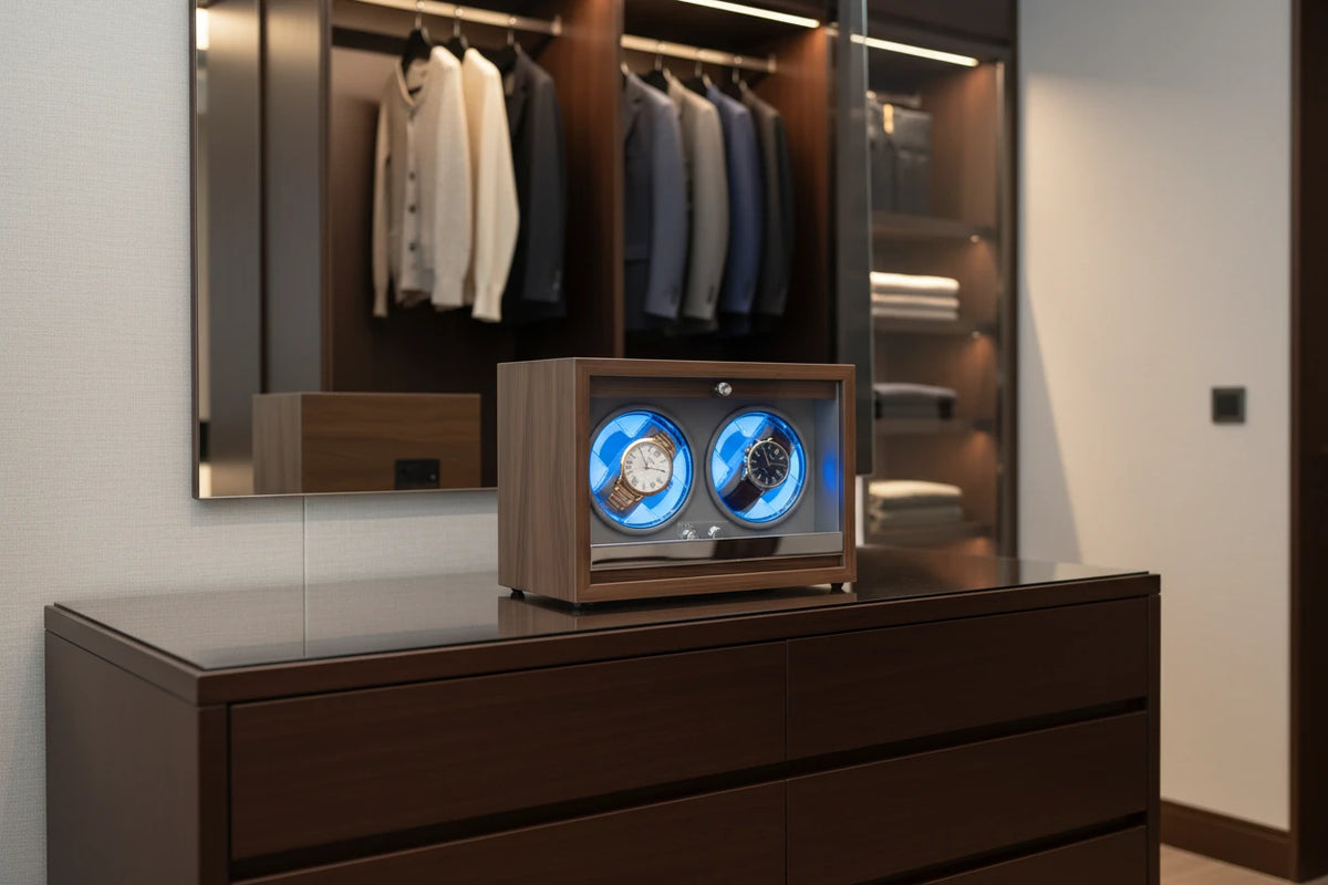 Remontoir automatique 2 montres bois luxe AXONY en situation dans un dressing