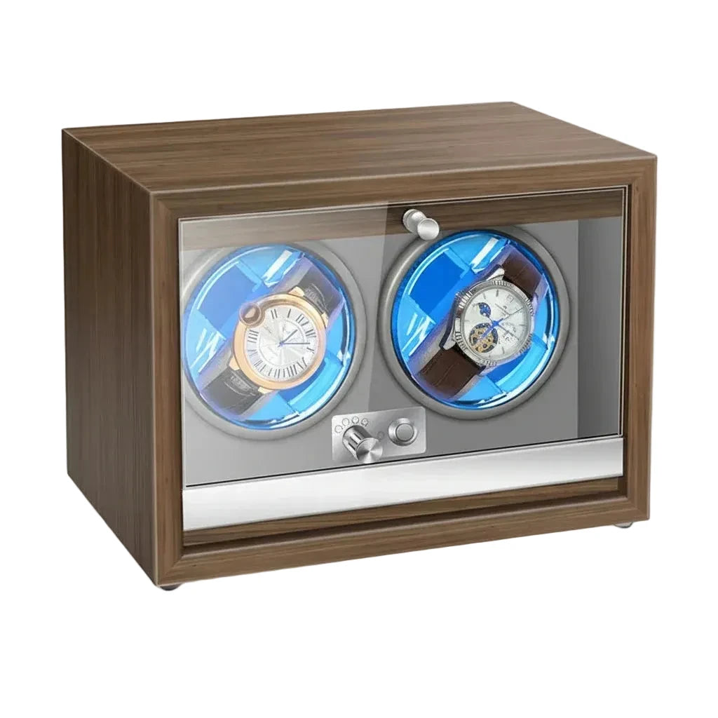 Boîte remontoir 2 montres bois luxe gris AXONY - Vue de trois-quarts
