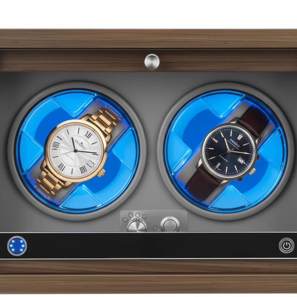 Gros plan sur les montres automatiques dans le remontoir bois luxe AXONY