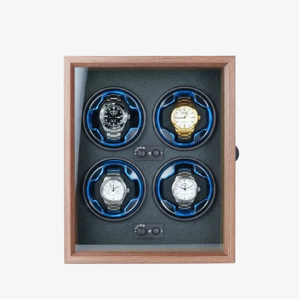 Remontoir Automatique 4 Montres Bois et Lumière AXONY - Vue de face avec éclairage LED