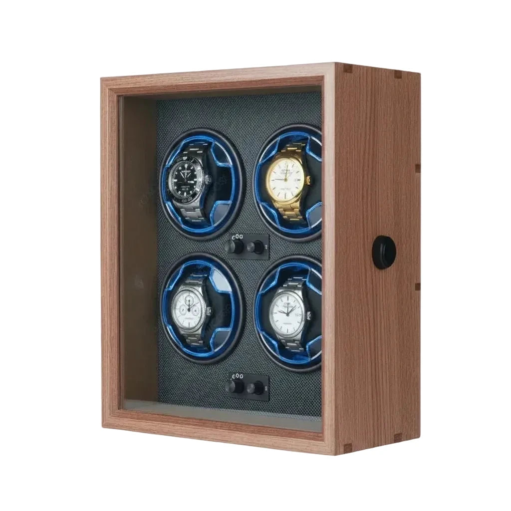 Boîte remontoir 4 montres bois et lumière AXONY - Vue de trois-quarts
