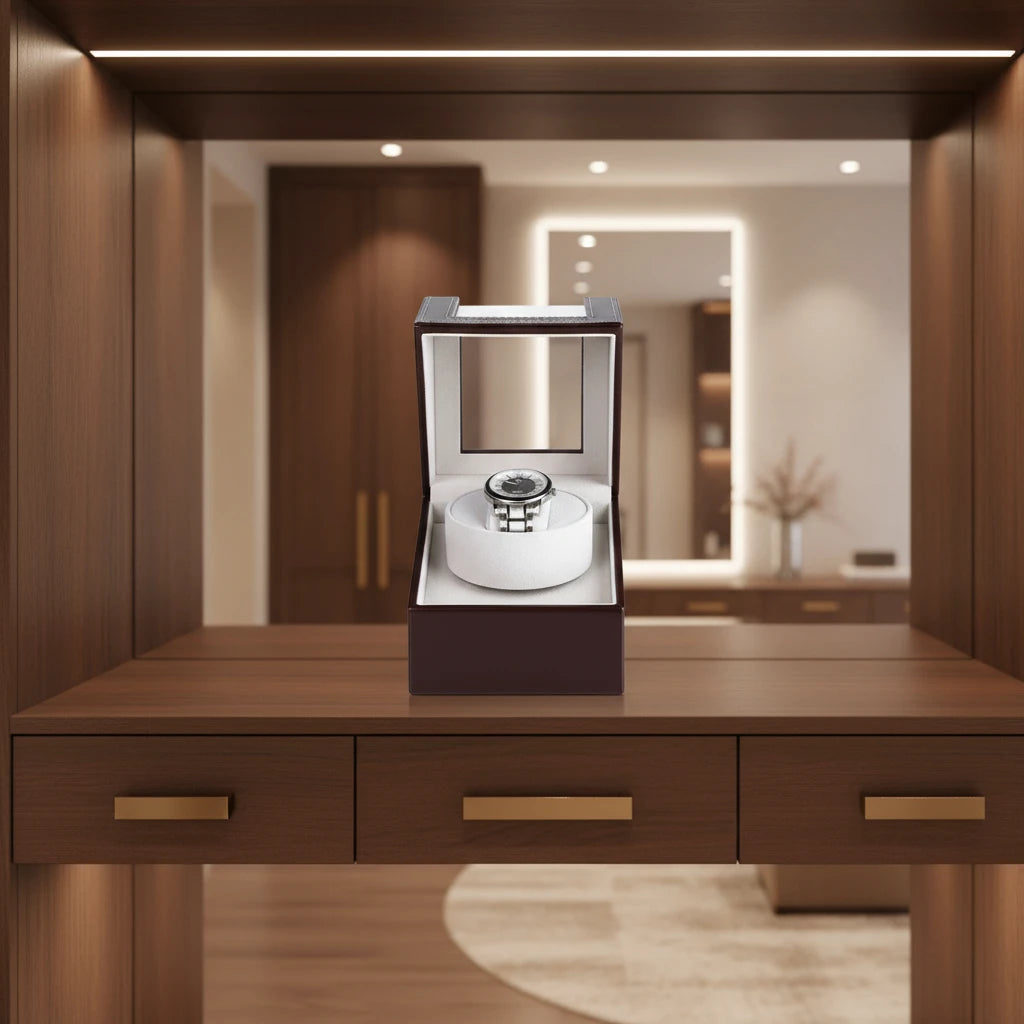 Remontoir automatique 1 montre Cuir Luxe Marron AXONY en mise en situation sur un meuble dans un intérieur élégant