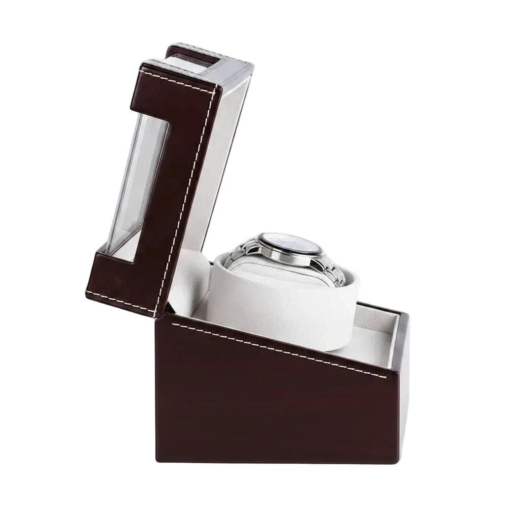 Remontoir de montre automatique Cuir Luxe Marron AXONY - Vue de gauche 