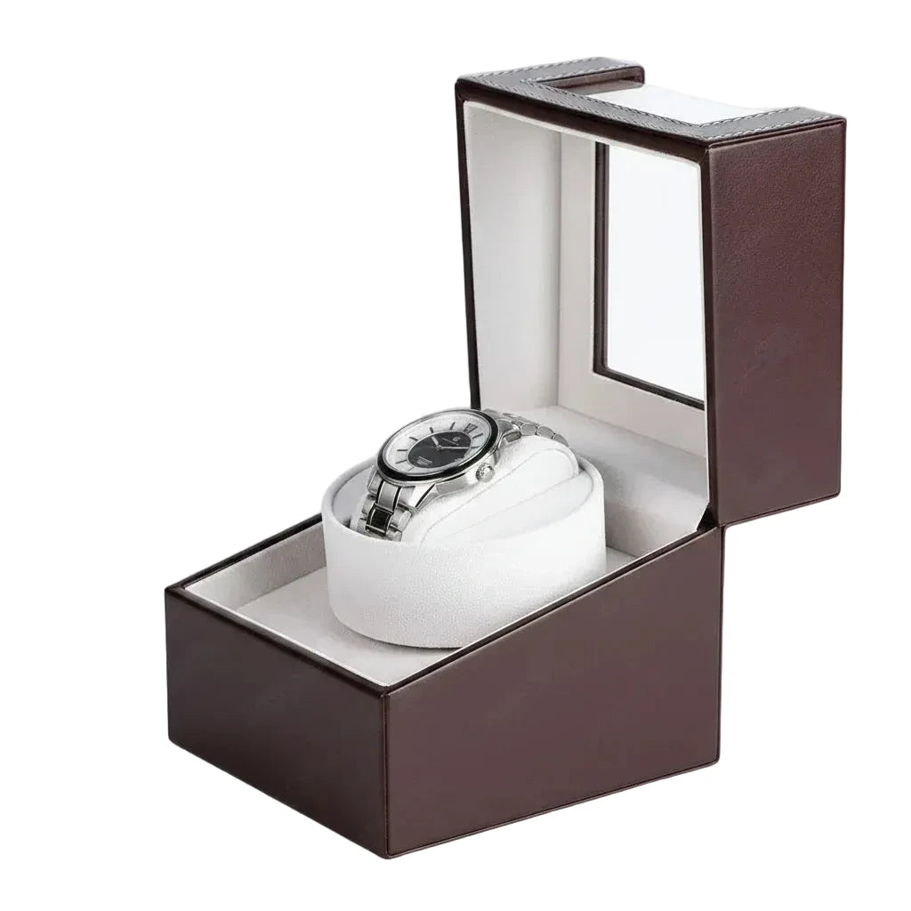 Remontoir de montre automatique Cuir Luxe Marron AXONY - Vue de droite légèrement 
