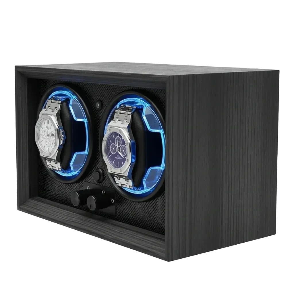 Boîte remontoir pour 2 montres gris et lumière AXONY - Vue latérale gauche 